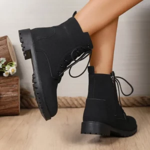 Retro Solid Zip Ankle Boots for Women Autumn Winter Square Heel Lace-Up Women's Boots Plus Size Round Toe Shoes of Woman - Image 2