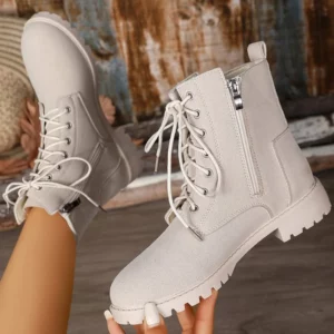 Retro Solid Zip Ankle Boots for Women Autumn Winter Square Heel Lace-Up Women's Boots Plus Size Round Toe Shoes of Woman - Image 3
