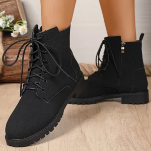 Retro Solid Zip Ankle Boots for Women Autumn Winter Square Heel Lace-Up Women's Boots Plus Size Round Toe Shoes of Woman - Image 8