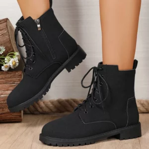 Retro Solid Zip Ankle Boots for Women Autumn Winter Square Heel Lace-Up Women's Boots Plus Size Round Toe Shoes of Woman - Image 7