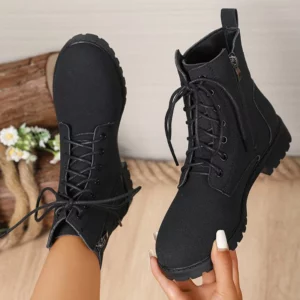 Retro Solid Zip Ankle Boots for Women Autumn Winter Square Heel Lace-Up Women's Boots Plus Size Round Toe Shoes of Woman - Image 6