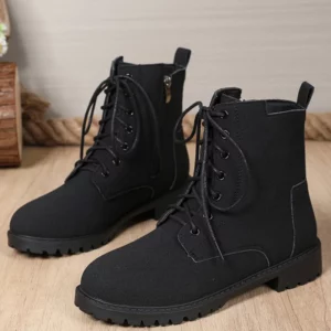Retro Solid Zip Ankle Boots for Women Autumn Winter Square Heel Lace-Up Women's Boots Plus Size Round Toe Shoes of Woman - Image 5