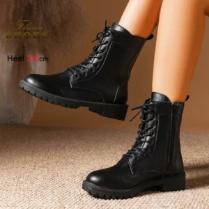 3.5CM Casual Boots For Woman Anti-Slip Thick Sole Outdoors Fashion Autumn Shoes Side Zipper Lace-up Black Short Booties Mujer - Image 3