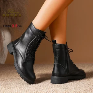 3.5CM Casual Boots For Woman Anti-Slip Thick Sole Outdoors Fashion Autumn Shoes Side Zipper Lace-up Black Short Booties Mujer - Image 5