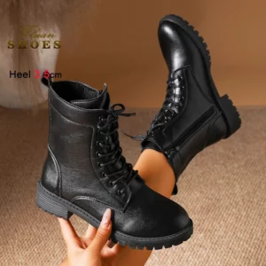 3.5CM Casual Boots For Woman Anti-Slip Thick Sole Outdoors Fashion Autumn Shoes Side Zipper Lace-up Black Short Booties Mujer - Image 6