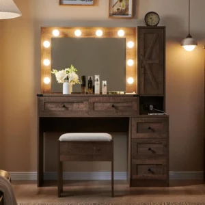 Farmhouse light brown dresser with charging station, wide dresser with lighted mirror and makeup drawer, suitable for bedroom - Image 5
