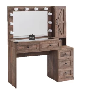Farmhouse light brown dresser with charging station, wide dresser with lighted mirror and makeup drawer, suitable for bedroom - Image 7
