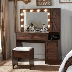 Farmhouse light brown dresser with charging station, wide dresser with lighted mirror and makeup drawer, suitable for bedroom - Image 6