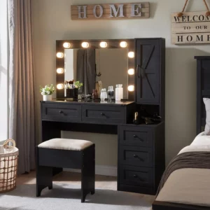 Farmhouse light brown dresser with charging station, wide dresser with lighted mirror and makeup drawer, suitable for bedroom - Image 9