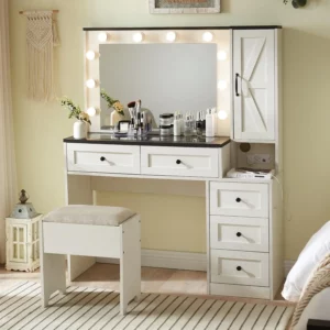 Farmhouse light brown dresser with charging station, wide dresser with lighted mirror and makeup drawer, suitable for bedroom - Image 8