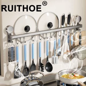 Wall Mounted Kitchen Hook Rack No-Punching Wall Hangers Rail Kitchen Utensils Rack Spoon Shovel Chopping Board Storage Rack - Image 1