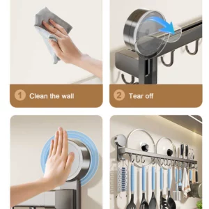 Wall Mounted Kitchen Hook Rack No-Punching Wall Hangers Rail Kitchen Utensils Rack Spoon Shovel Chopping Board Storage Rack - Image 6