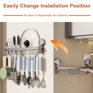 Wall Mounted Kitchen Hook Rack No-Punching Wall Hangers Rail Kitchen Utensils Rack Spoon Shovel Chopping Board Storage Rack - Image 3