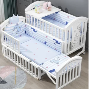 Newborn Solid Wood Crib, Movable Splicing Bed Multifunctional Baby Rocking Bed, Adjustable Guardrail Height, with Mosquito Net - Image 3