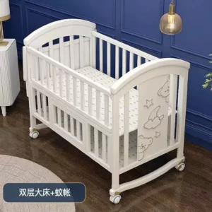 Newborn Solid Wood Crib, Movable Splicing Bed Multifunctional Baby Rocking Bed, Adjustable Guardrail Height, with Mosquito Net - Image 6