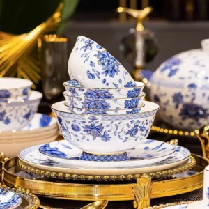 Chinese Blue and white porcelain plates dinner sets luxury gold rim bone fine china dinnerware set vajillas completa Bowl set - Image 2