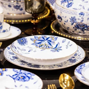 Chinese Blue and white porcelain plates dinner sets luxury gold rim bone fine china dinnerware set vajillas completa Bowl set - Image 6