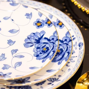 Chinese Blue and white porcelain plates dinner sets luxury gold rim bone fine china dinnerware set vajillas completa Bowl set - Image 8