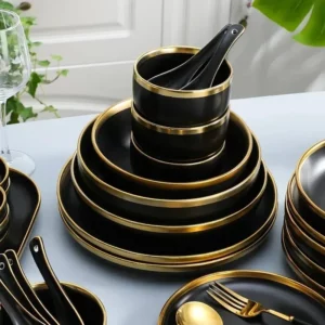 1Set Matte Gold Inlay Black Porcelain Dinner Sets Kitchen Plate Set Ceramic Dinner Service Food Dishes Rice Salad Noodles Bowl - Image 2