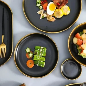 1Set Matte Gold Inlay Black Porcelain Dinner Sets Kitchen Plate Set Ceramic Dinner Service Food Dishes Rice Salad Noodles Bowl - Image 3