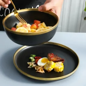 1Set Matte Gold Inlay Black Porcelain Dinner Sets Kitchen Plate Set Ceramic Dinner Service Food Dishes Rice Salad Noodles Bowl - Image 4