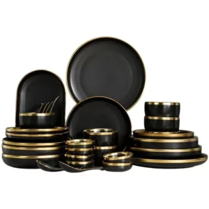 1Set Matte Gold Inlay Black Porcelain Dinner Sets Kitchen Plate Set Ceramic Dinner Service Food Dishes Rice Salad Noodles Bowl - Image 5