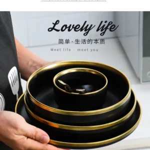 1Set Matte Gold Inlay Black Porcelain Dinner Sets Kitchen Plate Set Ceramic Dinner Service Food Dishes Rice Salad Noodles Bowl - Image 6