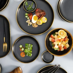 1Set Matte Gold Inlay Black Porcelain Dinner Sets Kitchen Plate Set Ceramic Dinner Service Food Dishes Rice Salad Noodles Bowl - Image 7