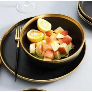 1Set Matte Gold Inlay Black Porcelain Dinner Sets Kitchen Plate Set Ceramic Dinner Service Food Dishes Rice Salad Noodles Bowl - Image 9