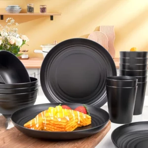 16pcs Unbreakable Tableware Set Shatterproof 8 Plates 4 Bowls 4 Cups Microwave Dishwasher Safe for Camping Daily Use Black - Image 4