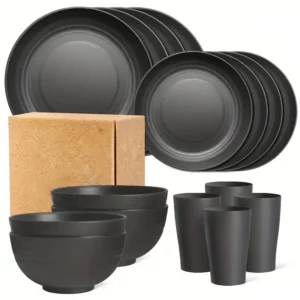 16pcs Unbreakable Tableware Set Shatterproof 8 Plates 4 Bowls 4 Cups Microwave Dishwasher Safe for Camping Daily Use Black - Image 5