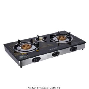KRYPTON Triple Burner Gas Stove with 7mm Tempered Glass Top, Cast Iron Burners, Brass Caps, Auto Ignition, Stainless Steel Frame, Easy Clean Tray – Heavy Duty Gas Cooker KNGC6060 Black/Silver - Image 2