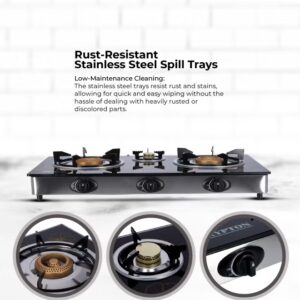 KRYPTON Triple Burner Gas Stove with 7mm Tempered Glass Top, Cast Iron Burners, Brass Caps, Auto Ignition, Stainless Steel Frame, Easy Clean Tray – Heavy Duty Gas Cooker KNGC6060 Black/Silver - Image 3