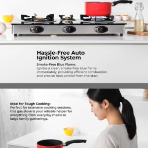 KRYPTON Triple Burner Gas Stove with 7mm Tempered Glass Top, Cast Iron Burners, Brass Caps, Auto Ignition, Stainless Steel Frame, Easy Clean Tray – Heavy Duty Gas Cooker KNGC6060 Black/Silver - Image 4