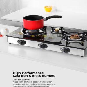 KRYPTON Triple Burner Gas Stove with 7mm Tempered Glass Top, Cast Iron Burners, Brass Caps, Auto Ignition, Stainless Steel Frame, Easy Clean Tray – Heavy Duty Gas Cooker KNGC6060 Black/Silver - Image 5