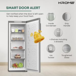 Krome Single Door Upright Freezer, Compact & Stylish Design, Electronic Touch Temperature Control, Energy-Efficient with 3 Drawers & 4 Shelves, Modern INOX Finish, Smart Door Alarm - KR-UF 220IM Silver - Image 3