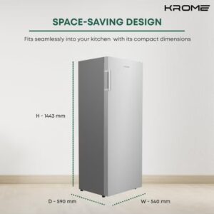 Krome Single Door Upright Freezer, Compact & Stylish Design, Electronic Touch Temperature Control, Energy-Efficient with 3 Drawers & 4 Shelves, Modern INOX Finish, Smart Door Alarm - KR-UF 220IM Silver - Image 5