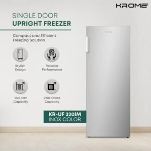 Krome Single Door Upright Freezer, Compact & Stylish Design, Electronic Touch Temperature Control, Energy-Efficient with 3 Drawers & 4 Shelves, Modern INOX Finish, Smart Door Alarm - KR-UF 220IM Silver - Image 6