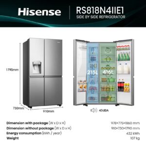 Hisense Gross 819L/Net 632L Side By Side Refrigerator Fridge RS818N4IIE, Ice& Water Despenser, Food Management, Smart Connectivity, Digital Temp Sensor, Big Capacity, Metal Tech Cooling, Muti Air Flow System, Dual Temp Control Zone, Durable Inverter, Moisture Fresh Crisper, Inverter RS818N4IIEI Inox - Image 8