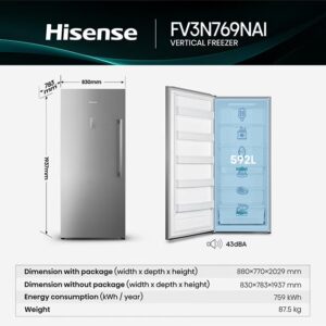 Hisense 769 Gross/592 Net Capacity , Single Door Fridge,With Inverter,Left open DoorWith Glass Shelf, Total No frost, LED Touch Control FV3N769NAI Silver - Image 5