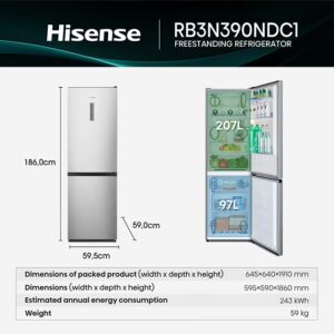 Hisense Two Door Bottom Mount Refrigerator - 390L Freezer Fridge , Frost Free, Multi Air Flow - RB3N390NDC1 Silver - Image 5