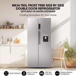 NIKAI 750L/410L Gross Net, Side By Side Double Door Refrigerator With Energy Effecient Inverter Compressor, Temp Display Mirror, High Efficient Defrosting, Steel Finish Body 474.5 kW NRF750SBSD5 Silver - Image 2