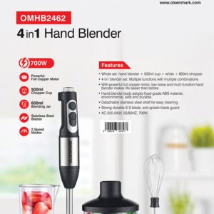 Olsenmark Powerful Copper Motor 2 Speed Modes 4 in 1 Hand Blender OMHB2462 Black/Silver/Clear - Image 11