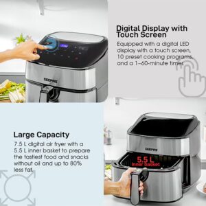 GEEPAS Digital Air Fryer 7.5 L Capacity With 5.5 L Inner Basket| Equipped With Vortex Air Frying Technology Digital Display With Touch Screen 7.5 L 1800 W GAF37530UK Black and Silver - Image 3