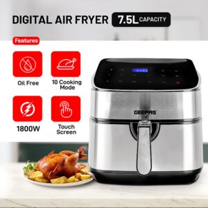 GEEPAS Digital Air Fryer 7.5 L Capacity With 5.5 L Inner Basket| Equipped With Vortex Air Frying Technology Digital Display With Touch Screen 7.5 L 1800 W GAF37530UK Black and Silver - Image 5