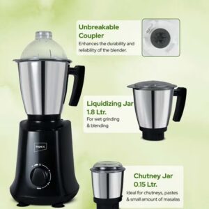 Impex 3 in 1 Mixer Grinder, Heavy Stainless Steel Jars, Heat-Resistant ABS Jar Base, Durable Copper Bushes, Universal Motor, 3-Speed & Pulse, Overheat Protection, Liquidizing, Dry, and Chutney Jar, 220-240V 750 W BL 390 Black - Image 8