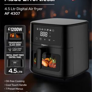 Impex 4.5L Digital Air Fryer | 1200W Oil-Free Air Fryer with Transparent Glass Door | 7 Preset Menus, Non-Stick Basket, Cyclonic Airflow, Smart Touch Control, Overheat Protection, Adjustable Temperature | Large Capacity | AF4307 4.5 L 1200 W AF 4307 Black - Image 8