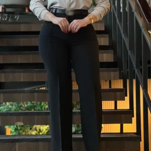 Women's Pants Spring Fashion High Waist Straight Leg Pants Solid Color Temperament Commuting Long Pants Casual Office Trousers - Image 3