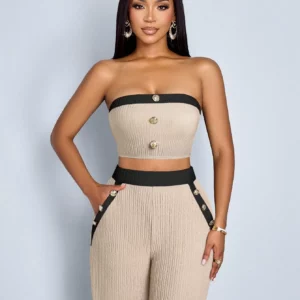 Women's Color-Block Button-Decorated Short Tight Pantsuit - Image 6