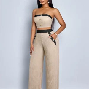 Women's Color-Block Button-Decorated Short Tight Pantsuit - Image 5